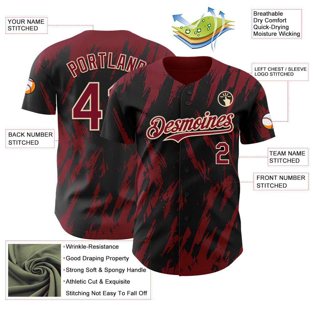 Custom Black Crimson-Cream Splatter Torn Sharp Brush Stroke Authentic Baseball Jersey baseball jersey product view 3