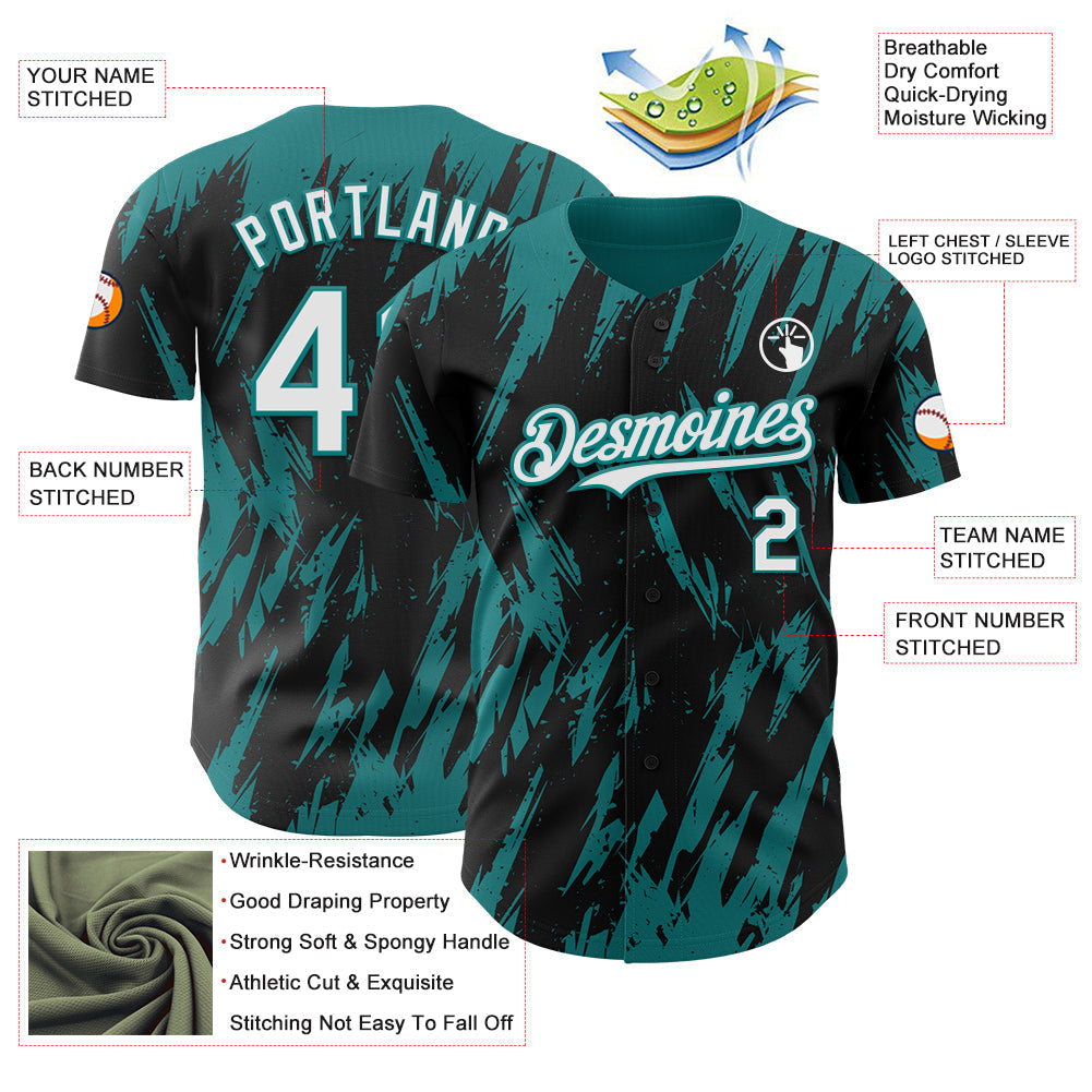 Custom Black White-Teal Splatter Torn Sharp Brush Stroke Authentic Baseball Jersey baseball jersey product view 3