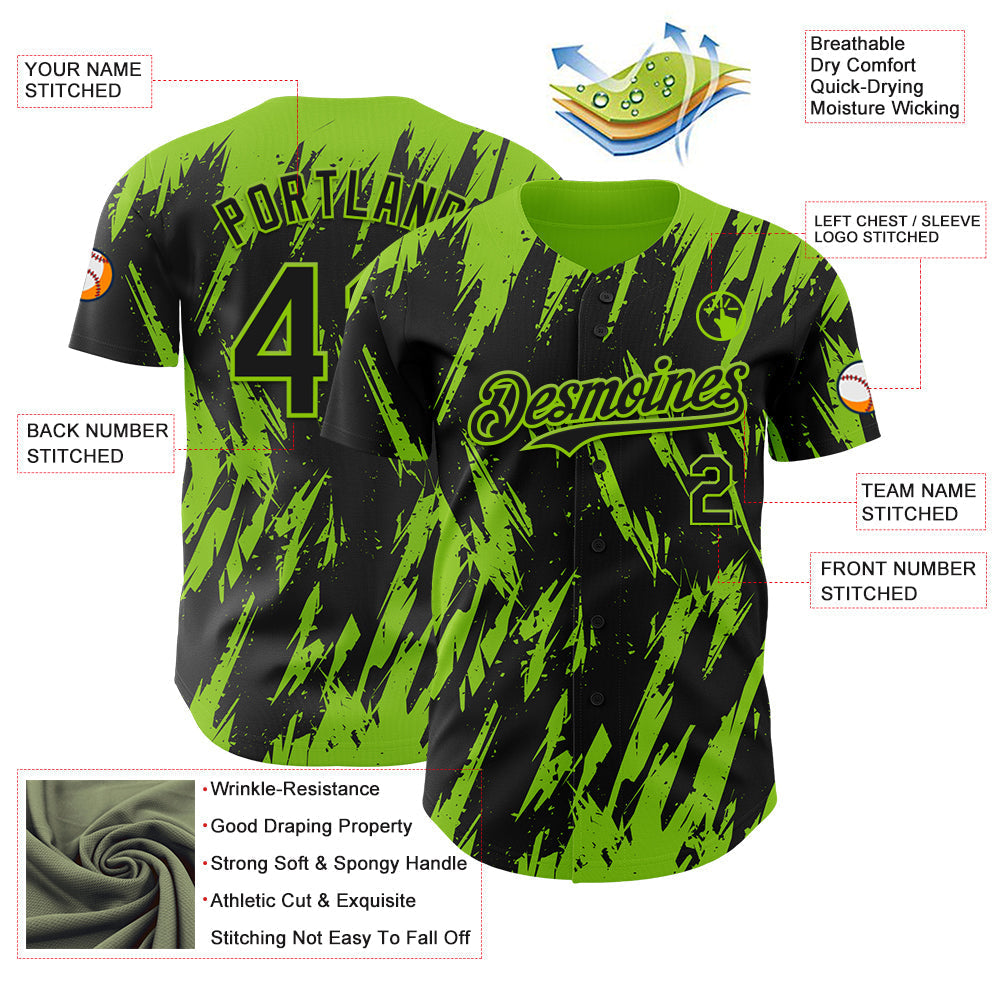 Custom Black Neon Green Splatter Torn Sharp Brush Stroke Authentic Baseball Jersey baseball jersey product view 3