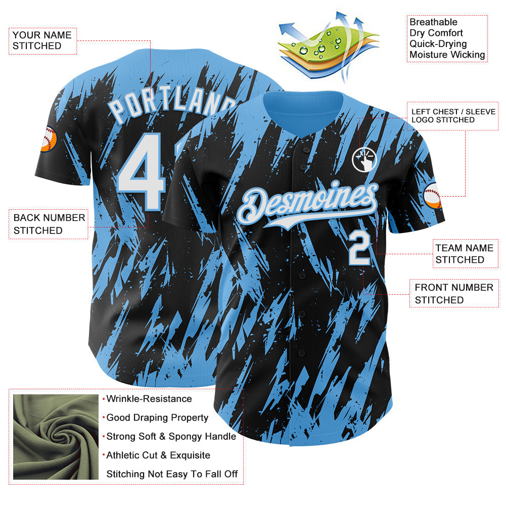 Custom Black White-Sky Blue Splatter Torn Sharp Brush Stroke Authentic Baseball Jersey baseball jersey product view 3