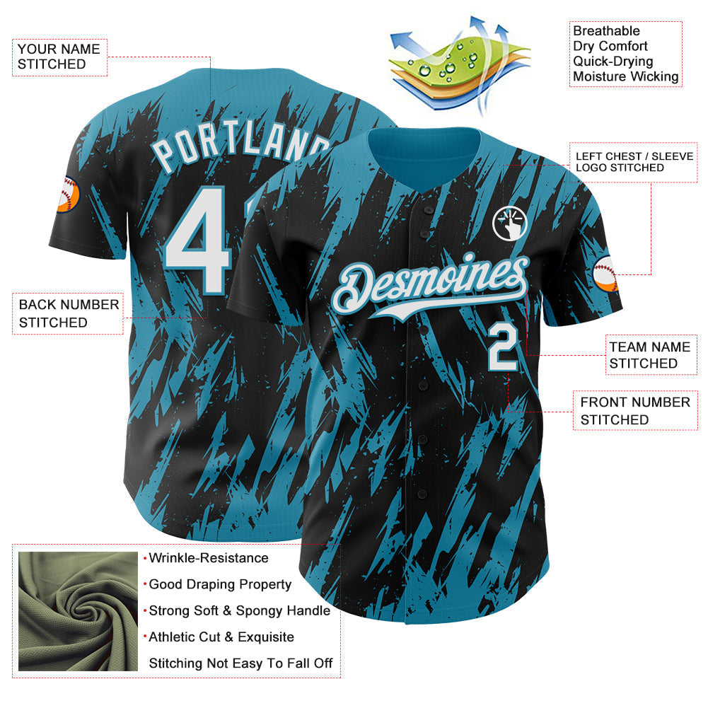 Custom Black White-Panther Blue Splatter Torn Sharp Brush Stroke Authentic Baseball Jersey baseball jersey product view 3