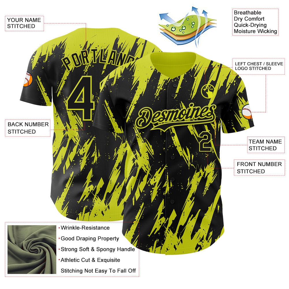 Custom Black Neon Yellow Splatter Torn Sharp Brush Stroke Authentic Baseball Jersey baseball jersey product view 3