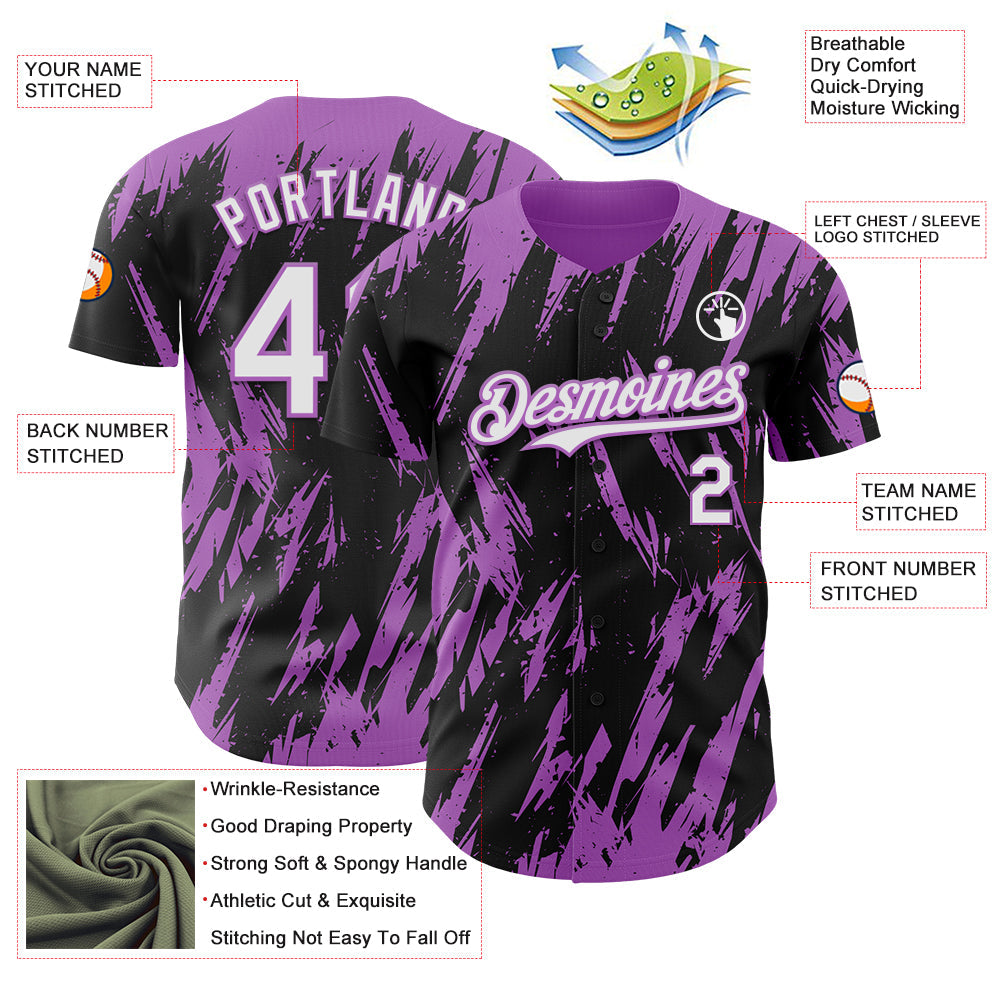 Custom Black White-Medium Purple Splatter Torn Sharp Brush Stroke Authentic Baseball Jersey baseball jersey product view 3