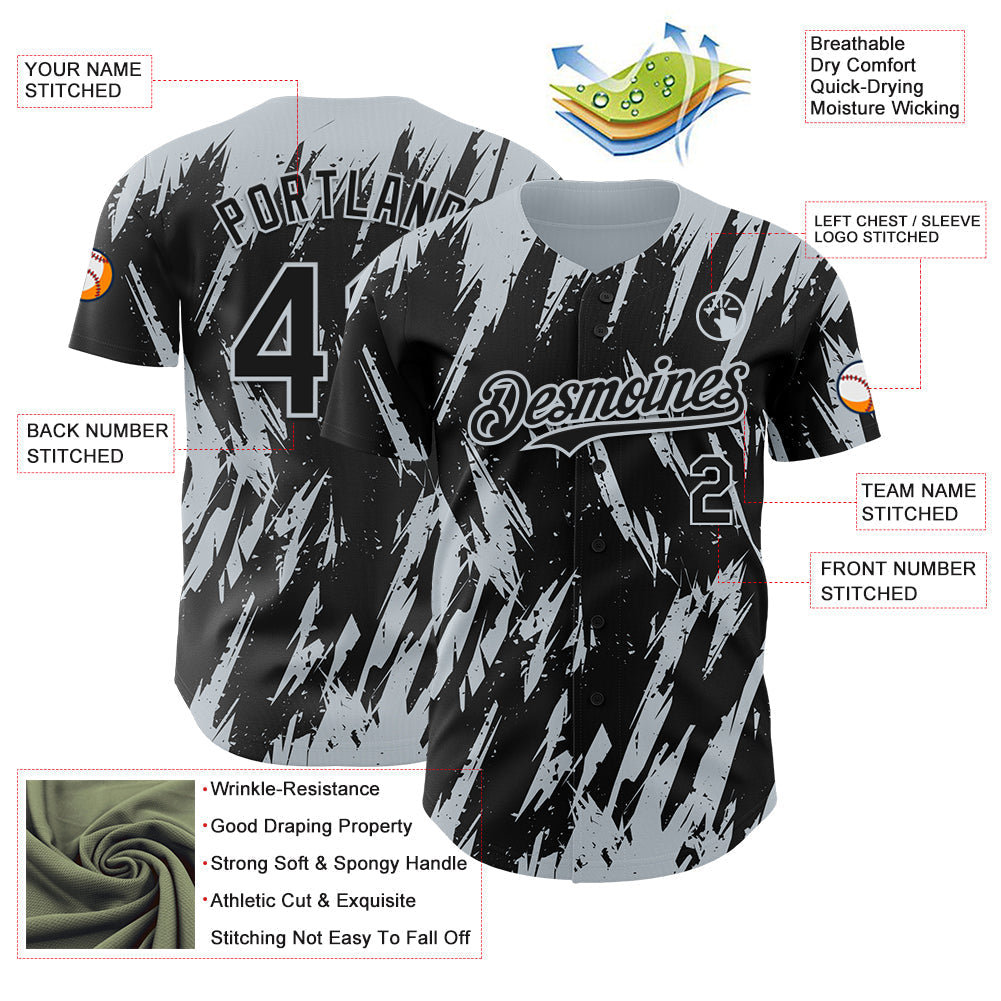 Custom Black Silver Splatter Torn Sharp Brush Stroke Authentic Baseball Jersey baseball jersey product view 3