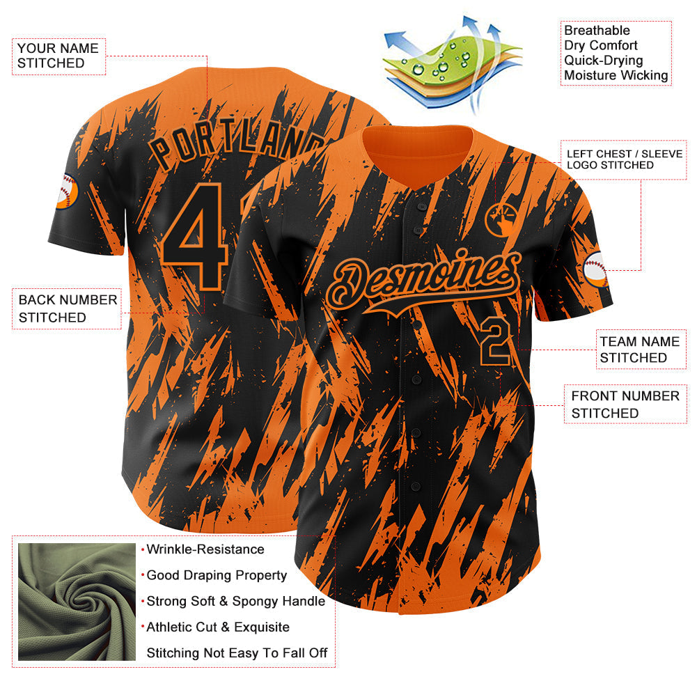 Custom Black Bay Orange Splatter Torn Sharp Brush Stroke Authentic Baseball Jersey baseball jersey product view 3