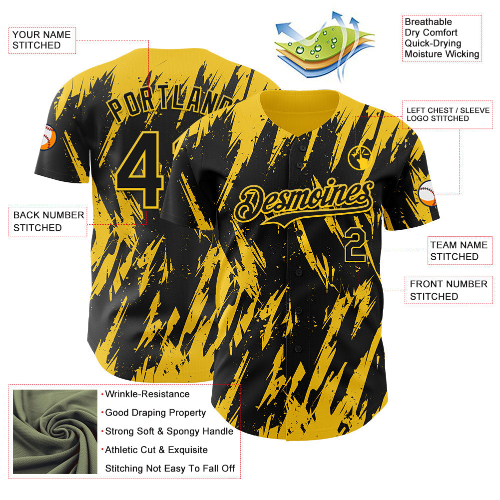 Custom Black Yellow Splatter Torn Sharp Brush Stroke Authentic Baseball Jersey baseball jersey product view 3