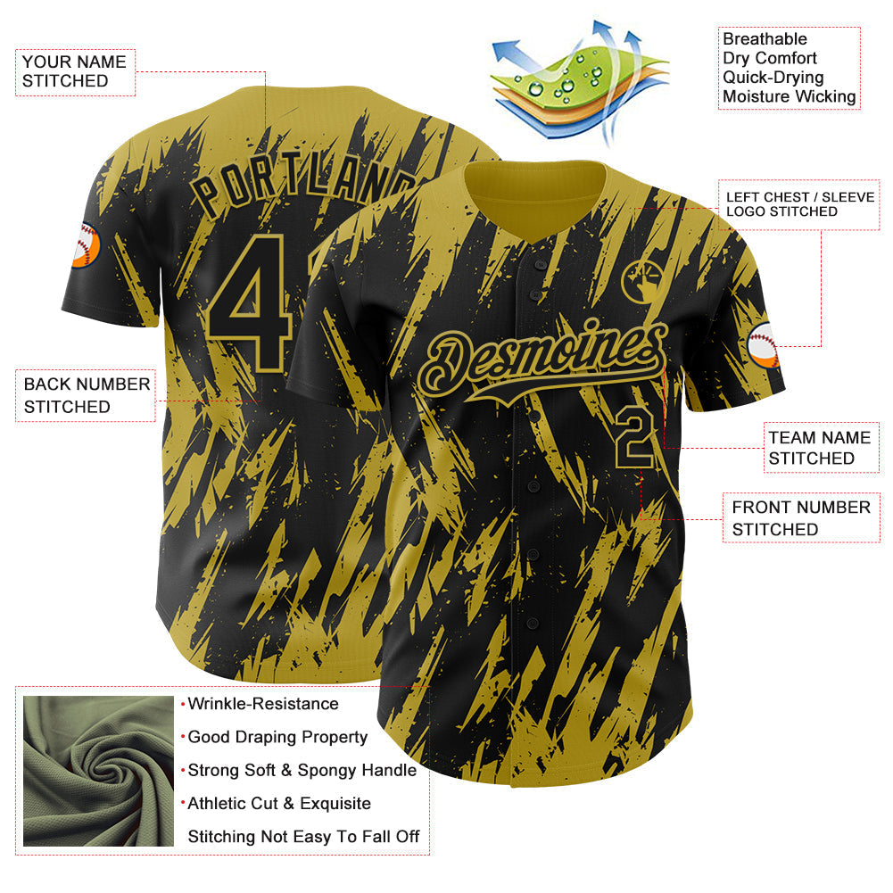 Custom Black Old Gold Splatter Torn Sharp Brush Stroke Authentic Baseball Jersey baseball jersey product view 3