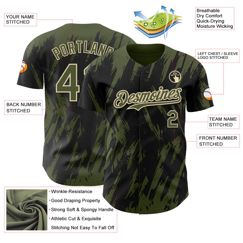 Custom Black Olive-Cream Splatter Torn Sharp Brush Stroke Authentic Baseball Jersey baseball jersey product view 3