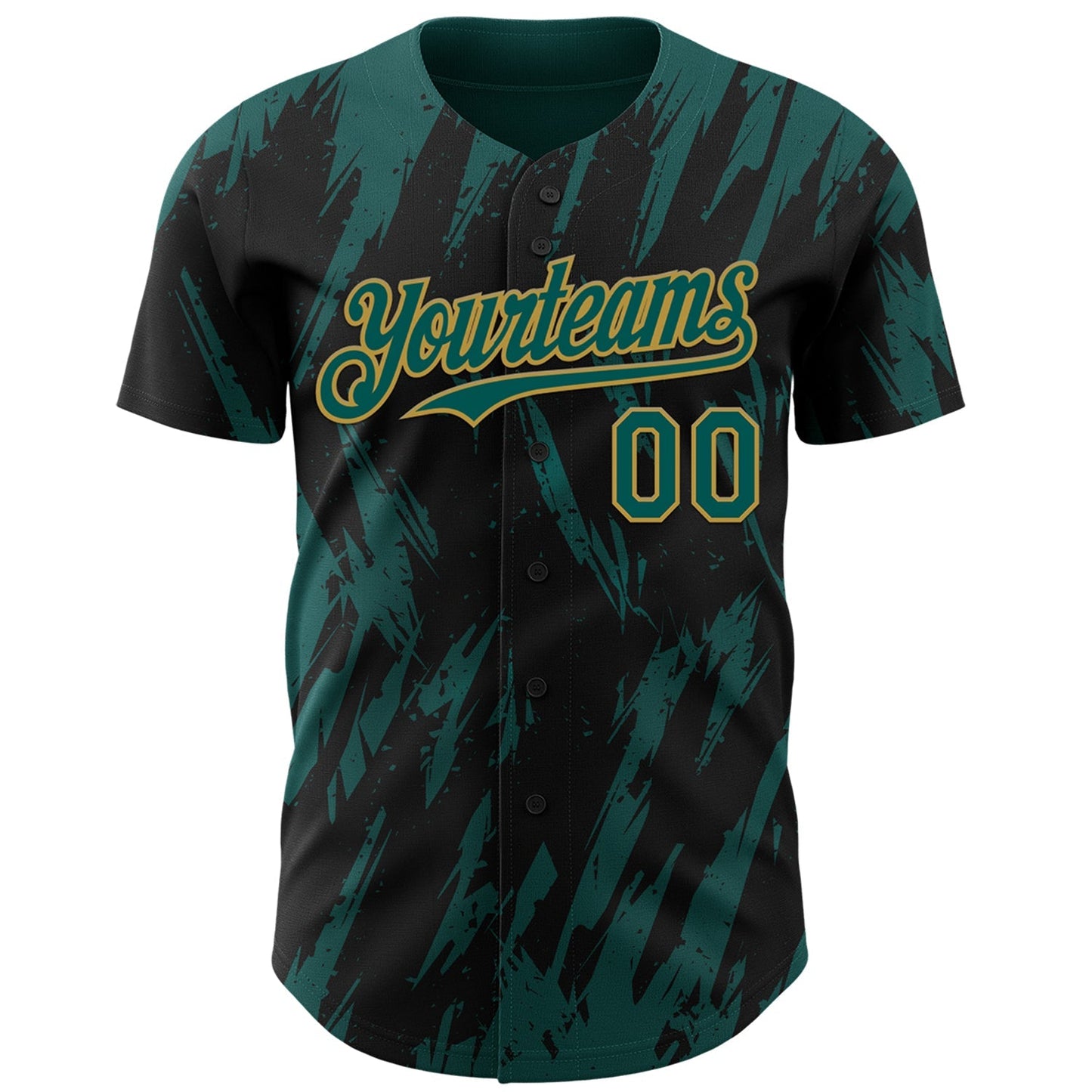 Custom Black Midnight Green-Old Gold Splatter Torn Sharp Brush Stroke Authentic Baseball Jersey baseball jersey product view 2