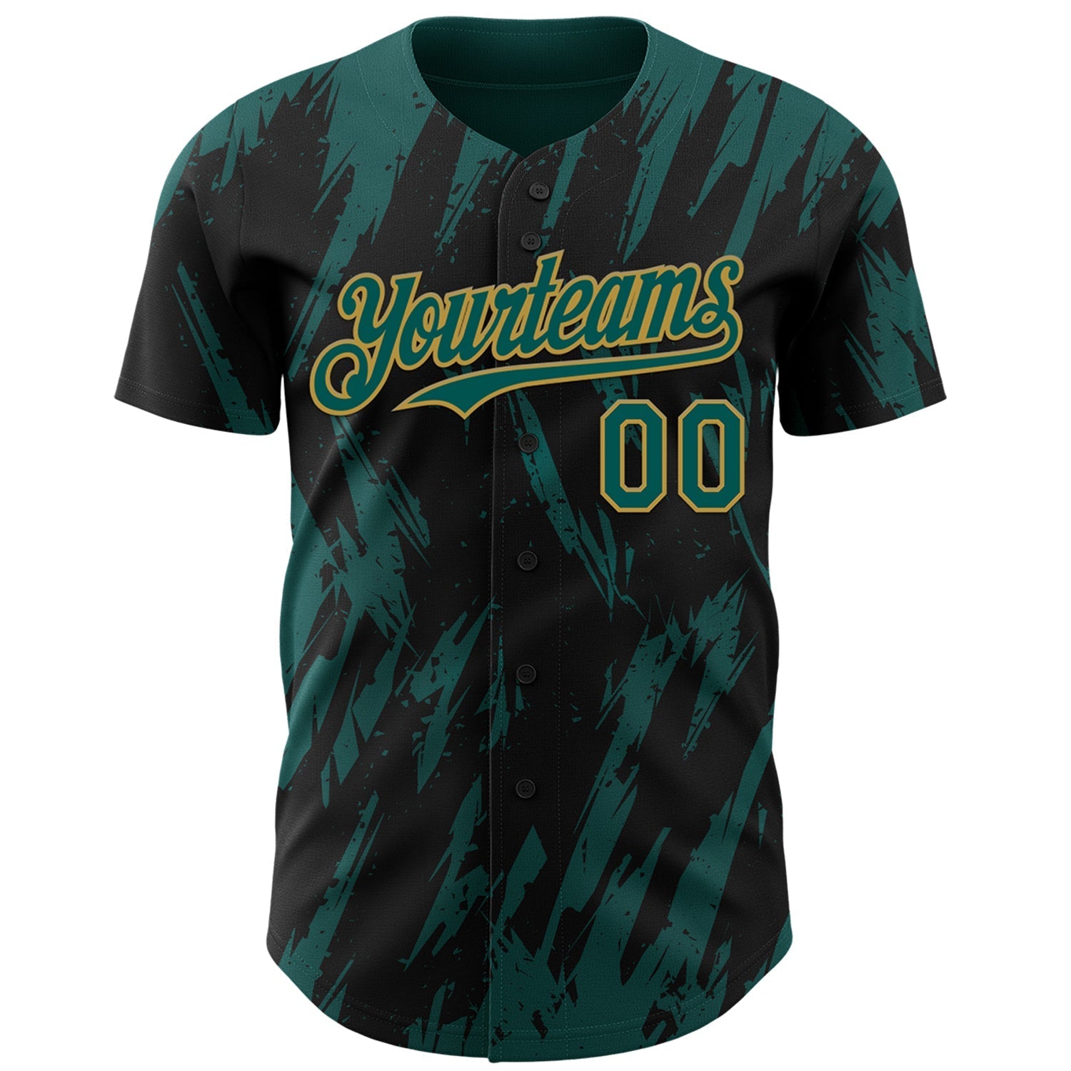 Custom Black Midnight Green-Old Gold Splatter Torn Sharp Brush Stroke Authentic Baseball Jersey baseball jersey product view 2