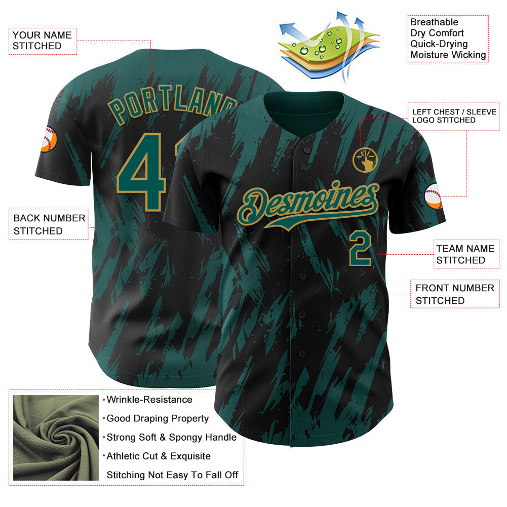 Custom Black Midnight Green-Old Gold Splatter Torn Sharp Brush Stroke Authentic Baseball Jersey baseball jersey product view 3