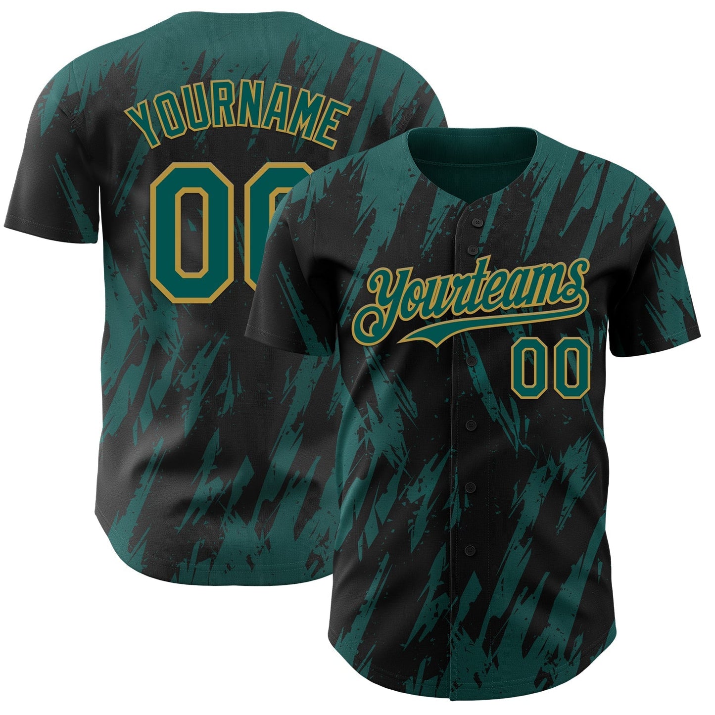 Custom Black Midnight Green-Old Gold Splatter Torn Sharp Brush Stroke Authentic Baseball Jersey baseball jersey product view 1