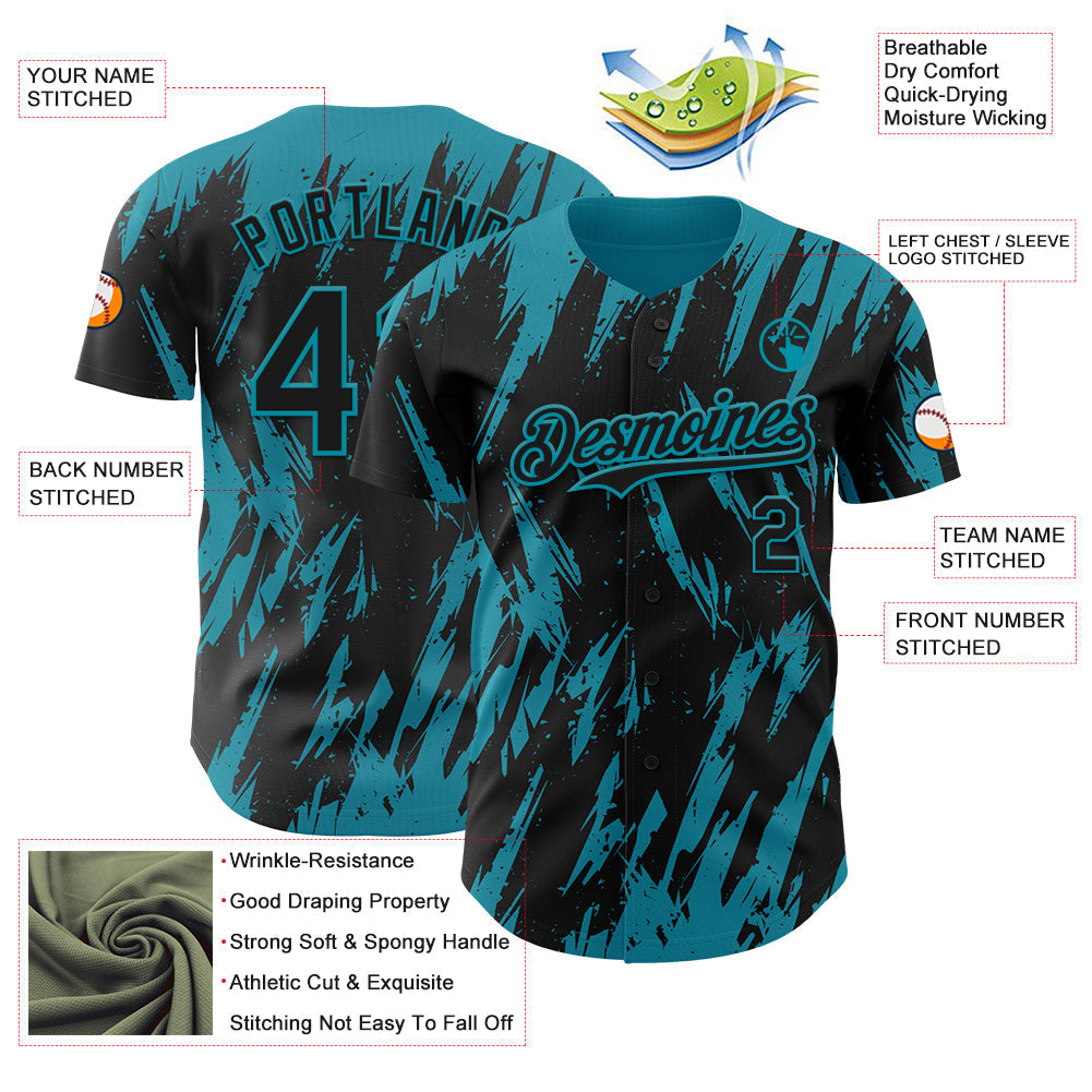 Custom Black Teal Splatter Torn Sharp Brush Stroke Authentic Baseball Jersey baseball jersey product view 3