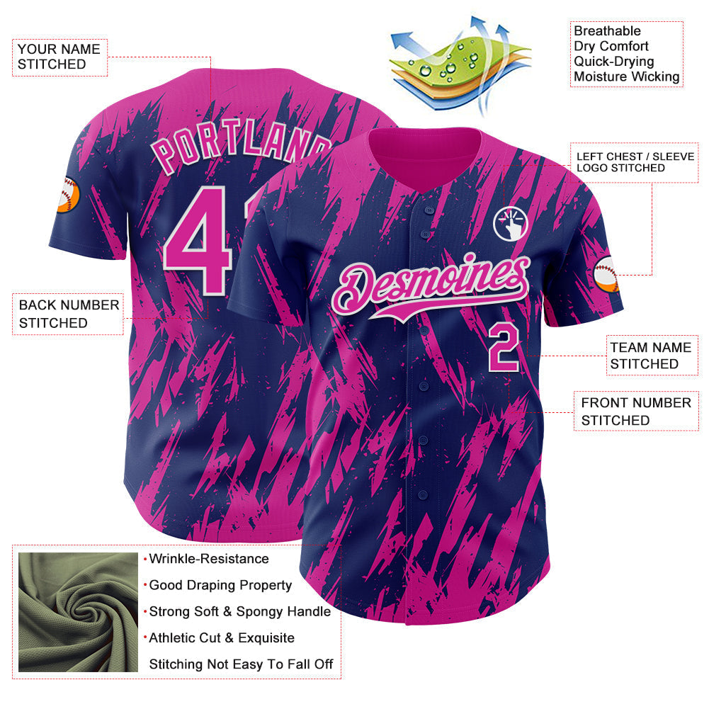 Custom Royal Deep Pink-White Splatter Torn Sharp Brush Stroke Authentic Baseball Jersey baseball jersey product view 3