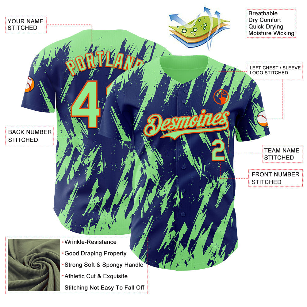 Custom Royal Pea Green-Orange Splatter Torn Sharp Brush Stroke Authentic Baseball Jersey baseball jersey product view 3