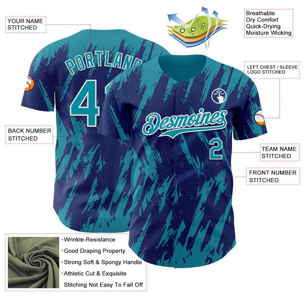 Custom Royal Teal-White Splatter Torn Sharp Brush Stroke Authentic Baseball Jersey baseball jersey product view 3