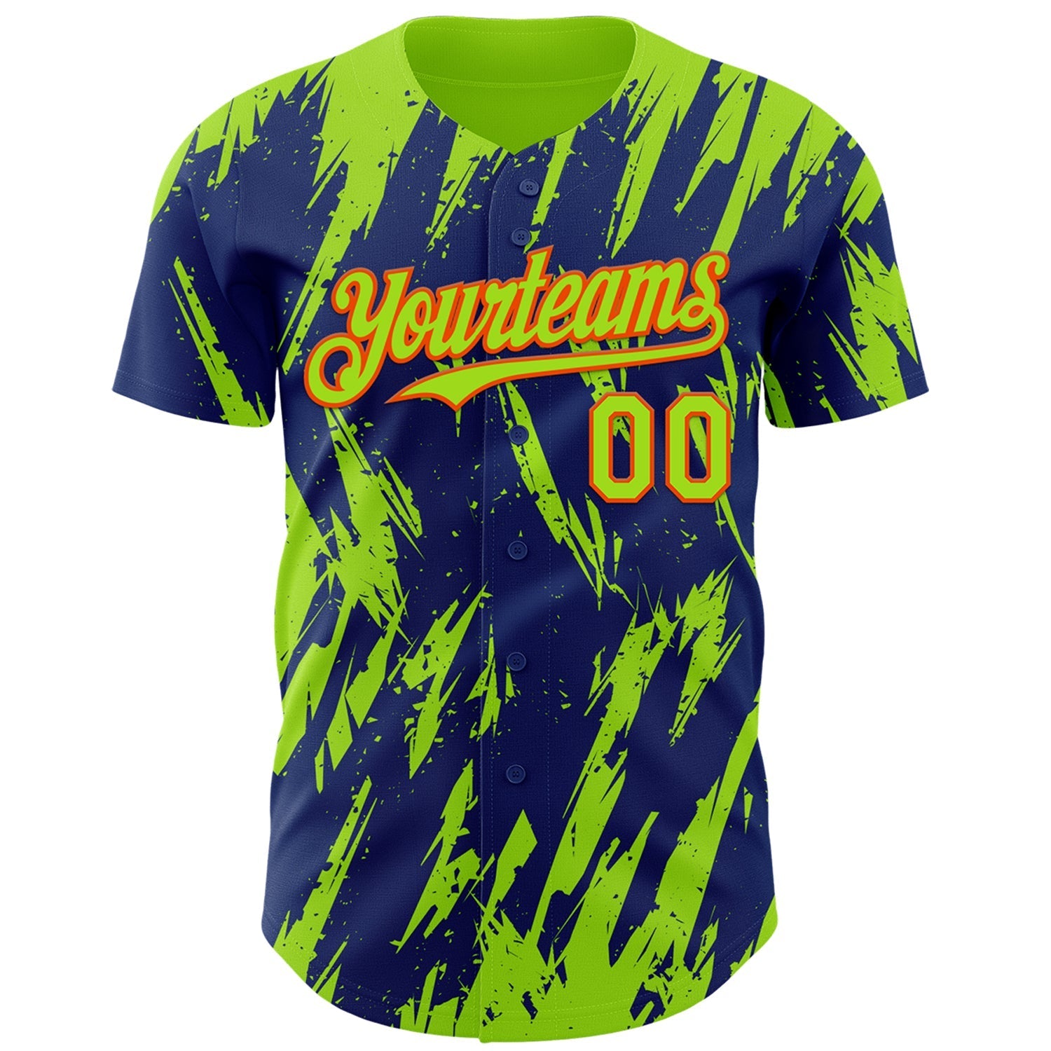 Custom Royal Neon Green-Orange Splatter Torn Sharp Brush Stroke Authentic Baseball Jersey baseball jersey product view 2