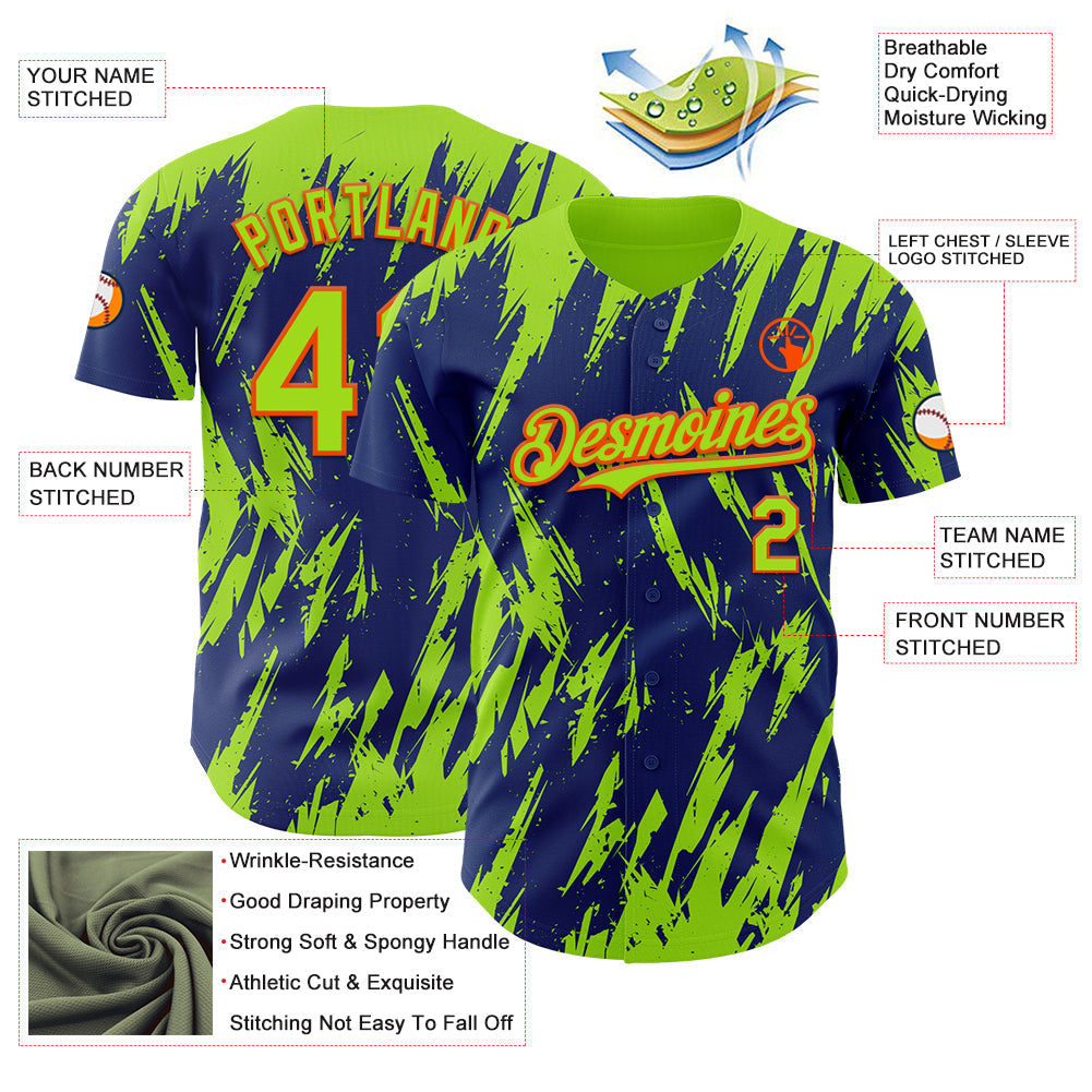 Custom Royal Neon Green-Orange Splatter Torn Sharp Brush Stroke Authentic Baseball Jersey baseball jersey product view 3