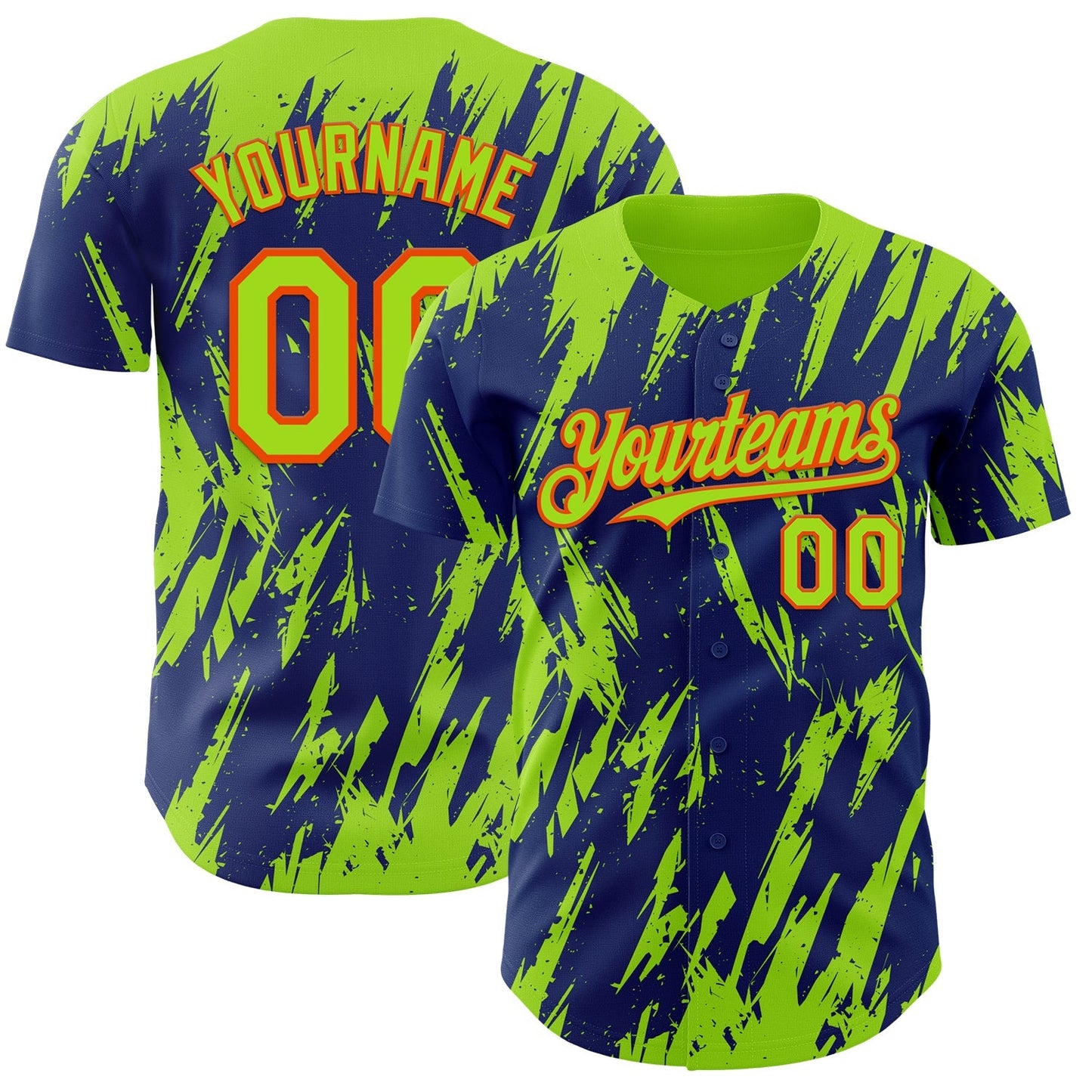 Custom Royal Neon Green-Orange Splatter Torn Sharp Brush Stroke Authentic Baseball Jersey baseball jersey product view 1