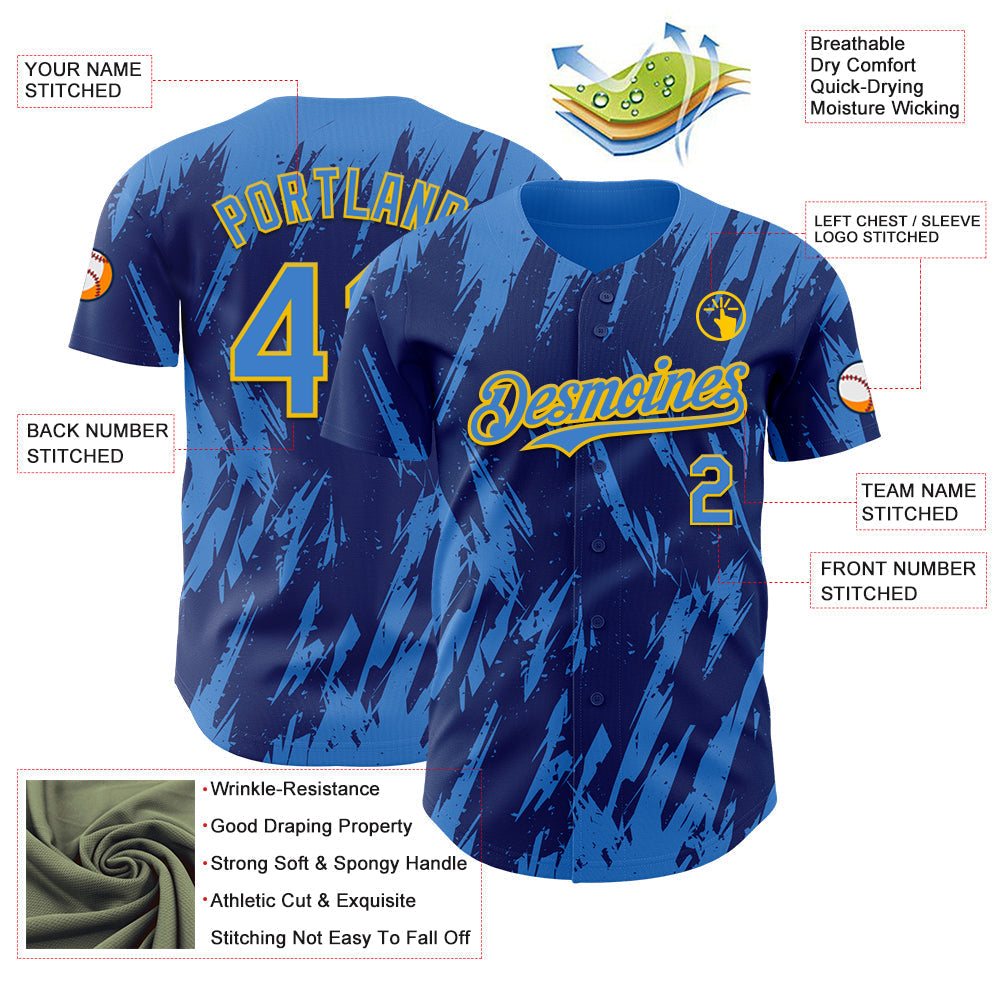 Custom Royal Powder Blue-Yellow Splatter Torn Sharp Brush Stroke Authentic Baseball Jersey baseball jersey product view 3