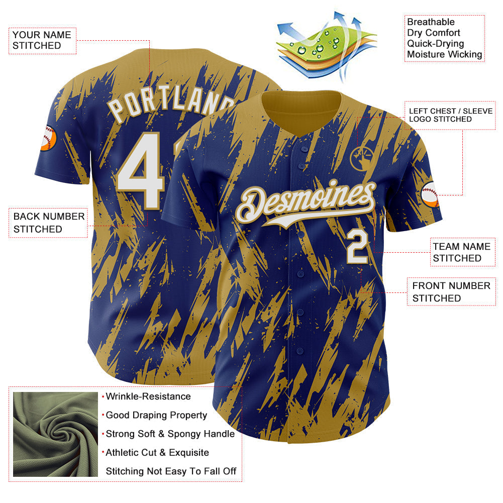 Custom Royal White-Old Gold Splatter Torn Sharp Brush Stroke Authentic Baseball Jersey baseball jersey product view 3