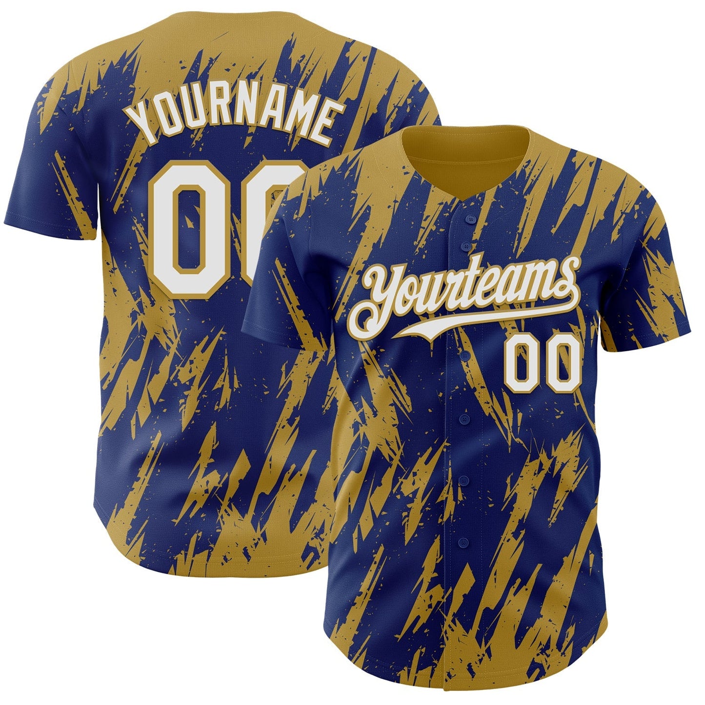 Custom Royal White-Old Gold Splatter Torn Sharp Brush Stroke Authentic Baseball Jersey baseball jersey product view 1
