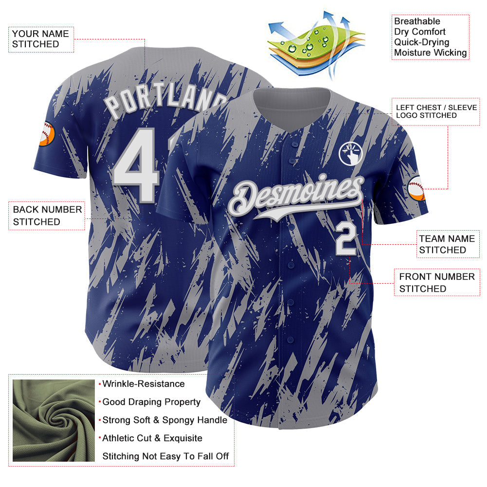 Custom Royal White-Gray Splatter Torn Sharp Brush Stroke Authentic Baseball Jersey baseball jersey product view 3