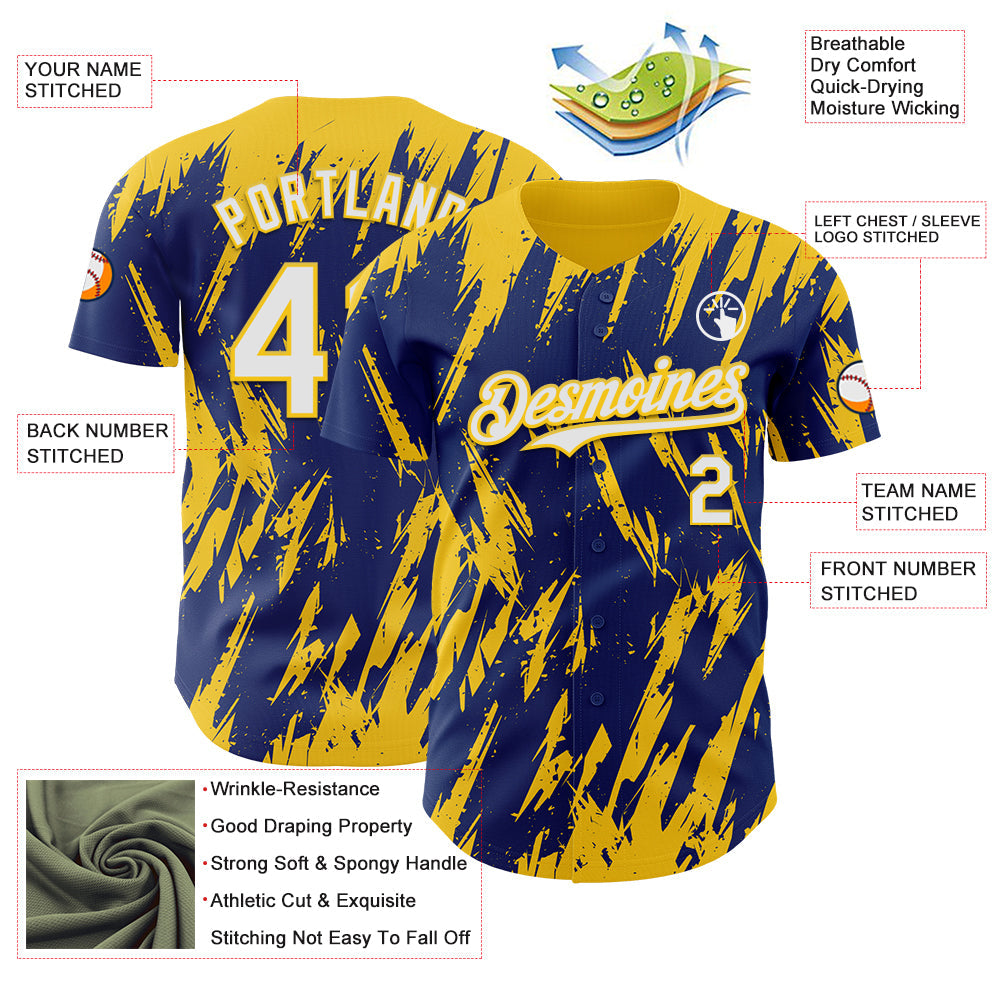 Custom Royal White-Yellow Splatter Torn Sharp Brush Stroke Authentic Baseball Jersey baseball jersey product view 3