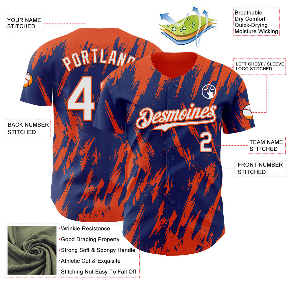 Custom Royal White-Orange Splatter Torn Sharp Brush Stroke Authentic Baseball Jersey baseball jersey product view 3