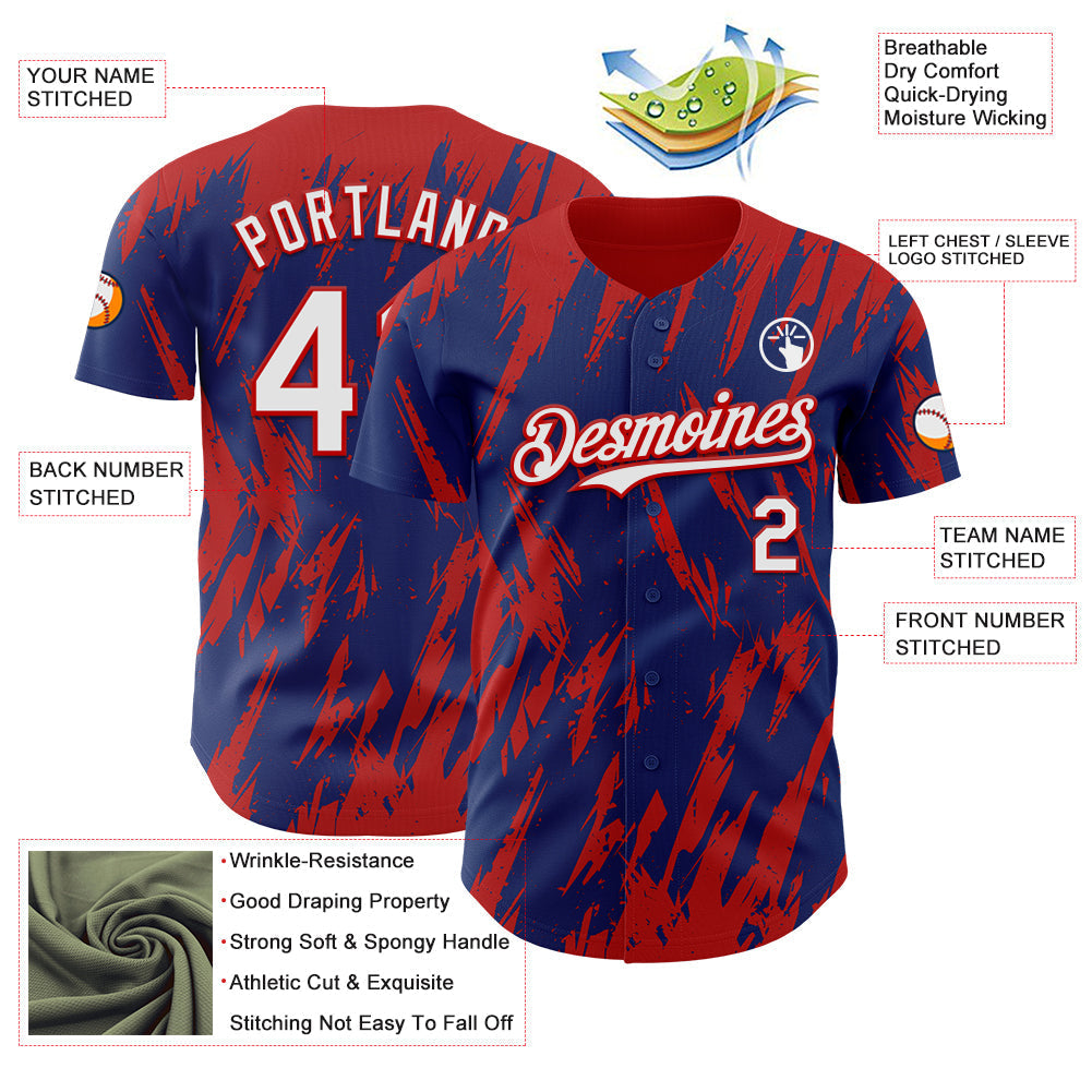 Custom Royal White-Red Splatter Torn Sharp Brush Stroke Authentic Baseball Jersey baseball jersey product view 3