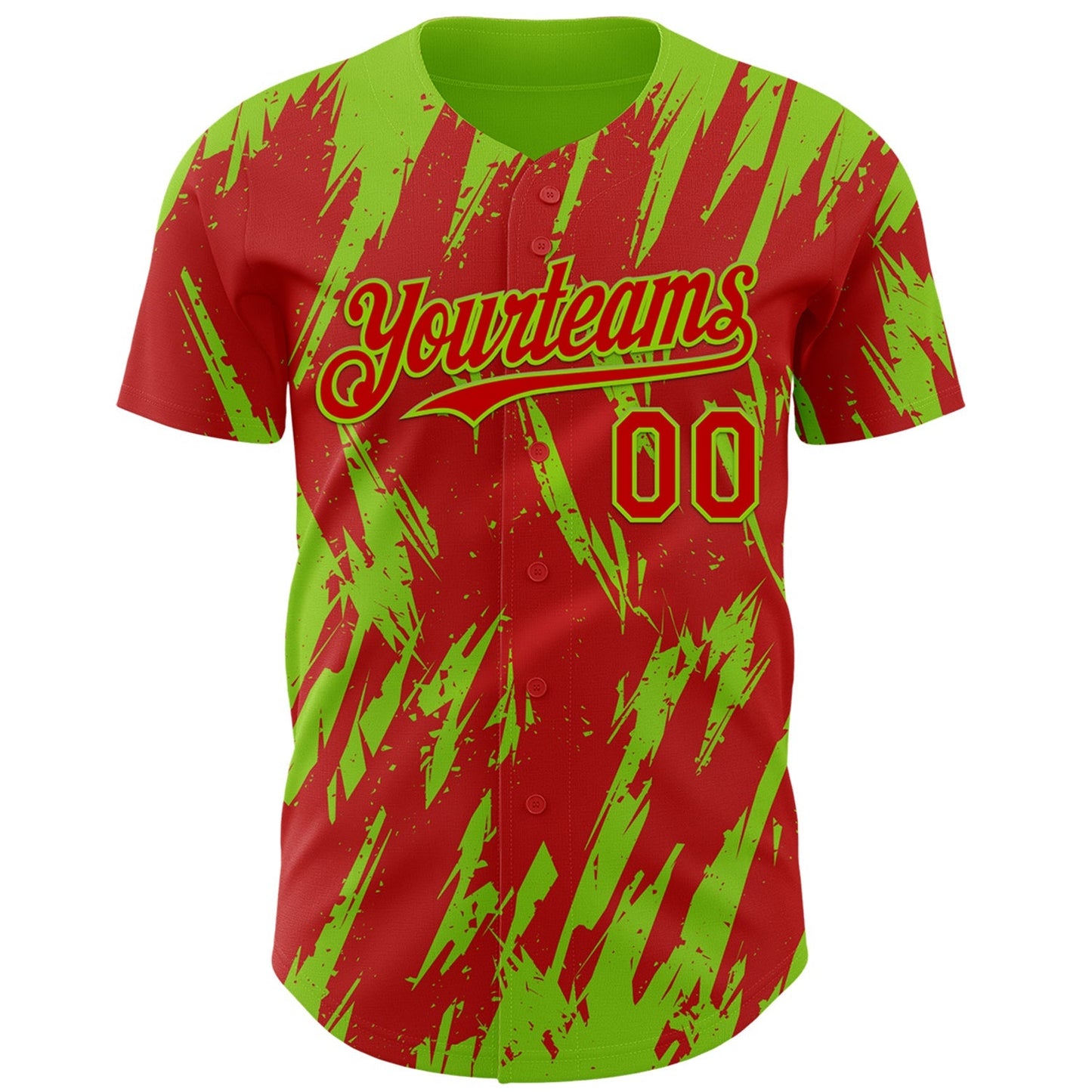Custom Red Neon Green Splatter Torn Sharp Brush Stroke Authentic Baseball Jersey baseball jersey product view 2