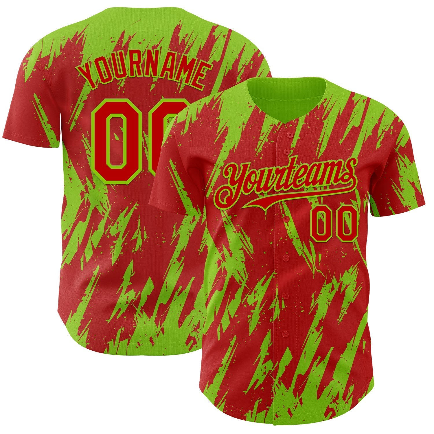 Custom Red Neon Green Splatter Torn Sharp Brush Stroke Authentic Baseball Jersey baseball jersey product view 1