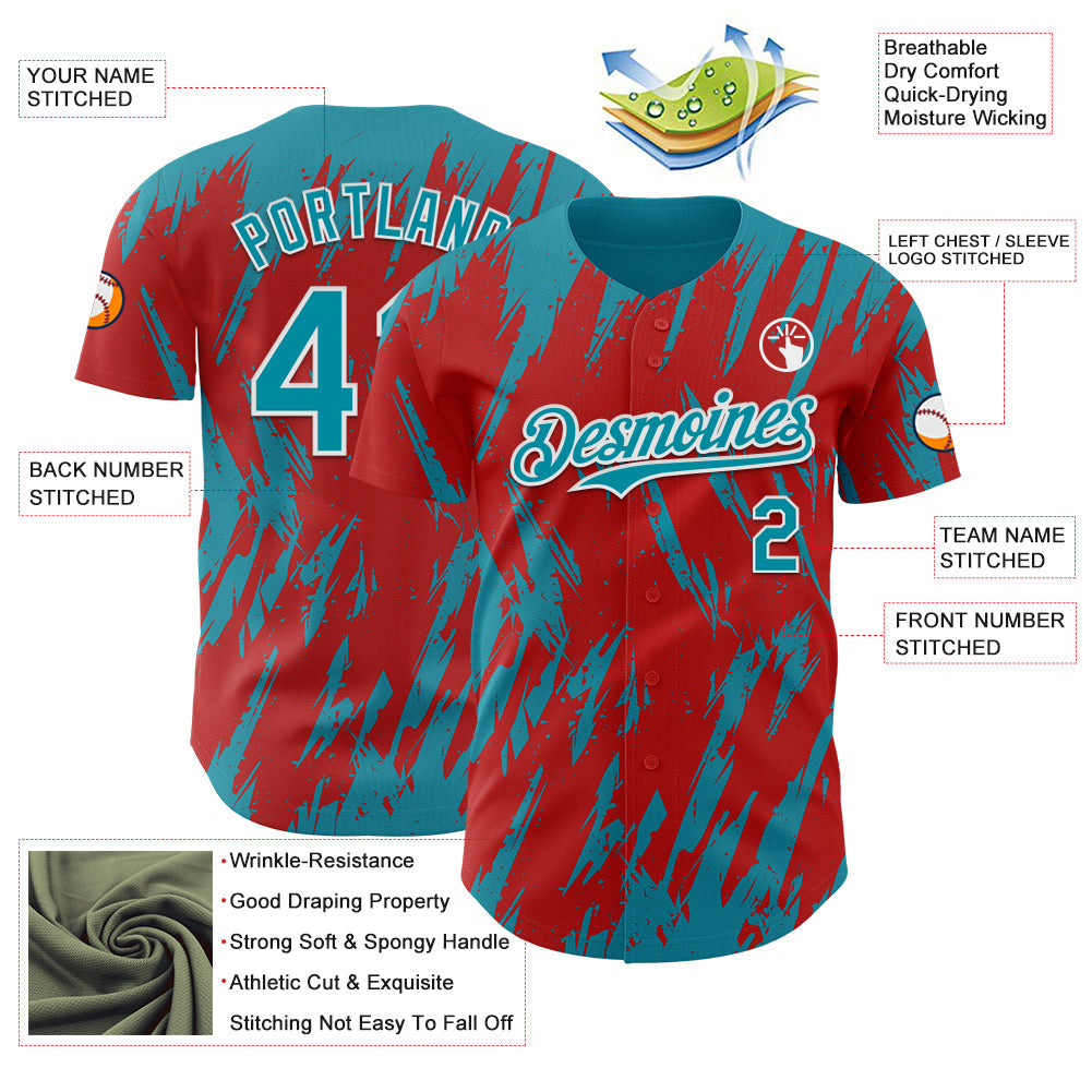 Custom Red Teal-White Splatter Torn Sharp Brush Stroke Authentic Baseball Jersey baseball jersey product view 3
