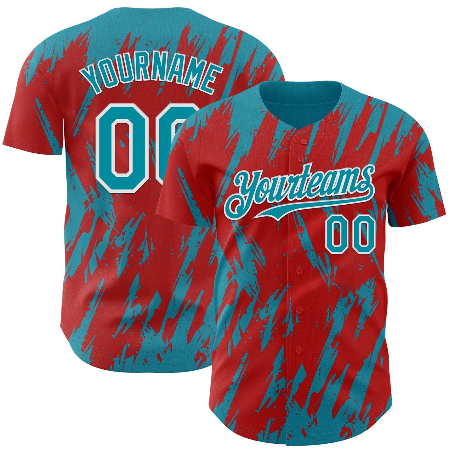 Custom Red Teal-White Splatter Torn Sharp Brush Stroke Authentic Baseball Jersey baseball jersey product view 1