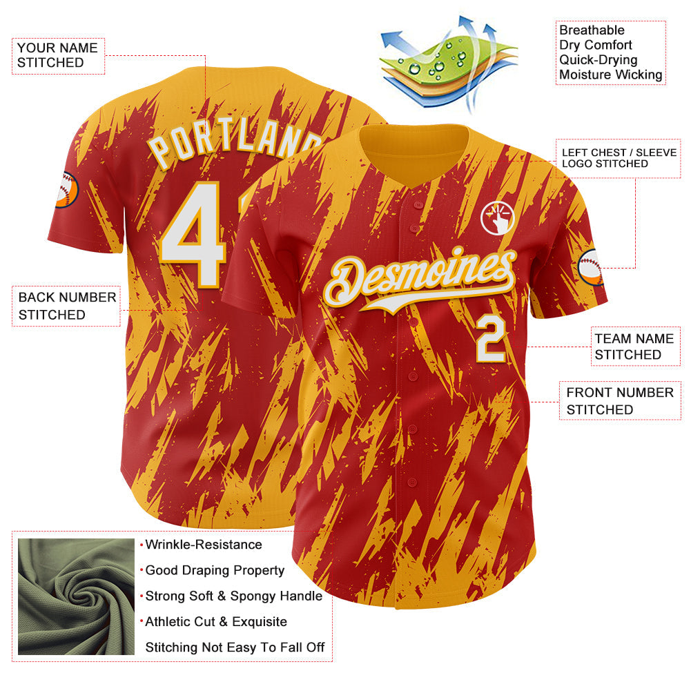 Custom Red White-Gold Splatter Torn Sharp Brush Stroke Authentic Baseball Jersey baseball jersey product view 3