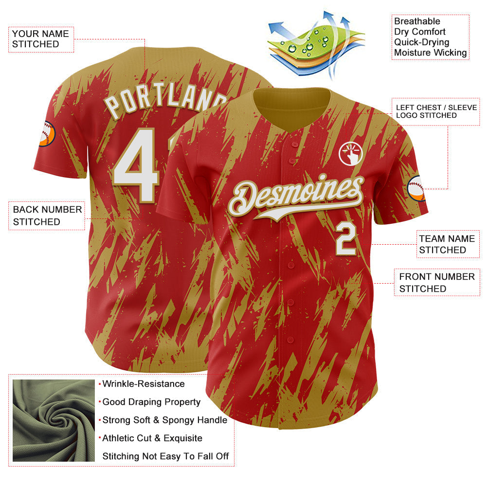 Custom Red White-Old Gold Splatter Torn Sharp Brush Stroke Authentic Baseball Jersey baseball jersey product view 3