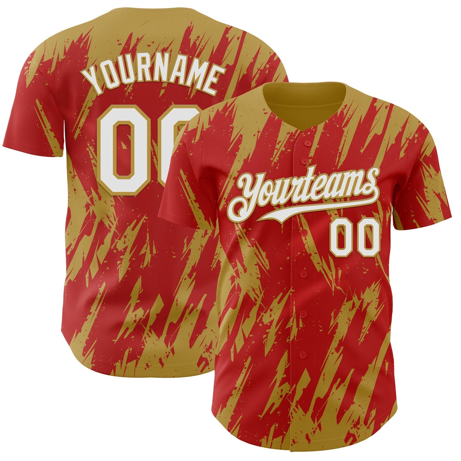 Custom Red White-Old Gold Splatter Torn Sharp Brush Stroke Authentic Baseball Jersey baseball jersey product view 1