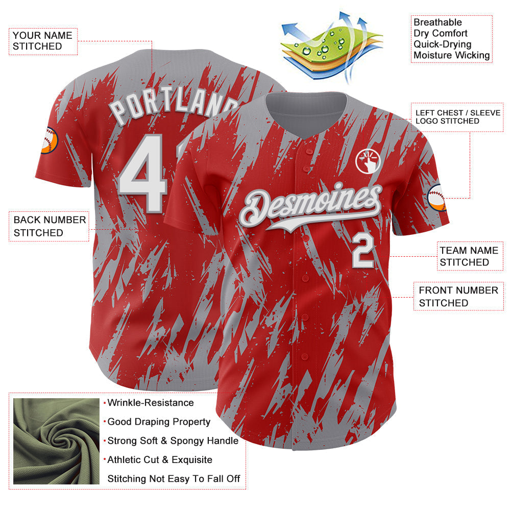 Custom Red White-Gray Splatter Torn Sharp Brush Stroke Authentic Baseball Jersey baseball jersey product view 3