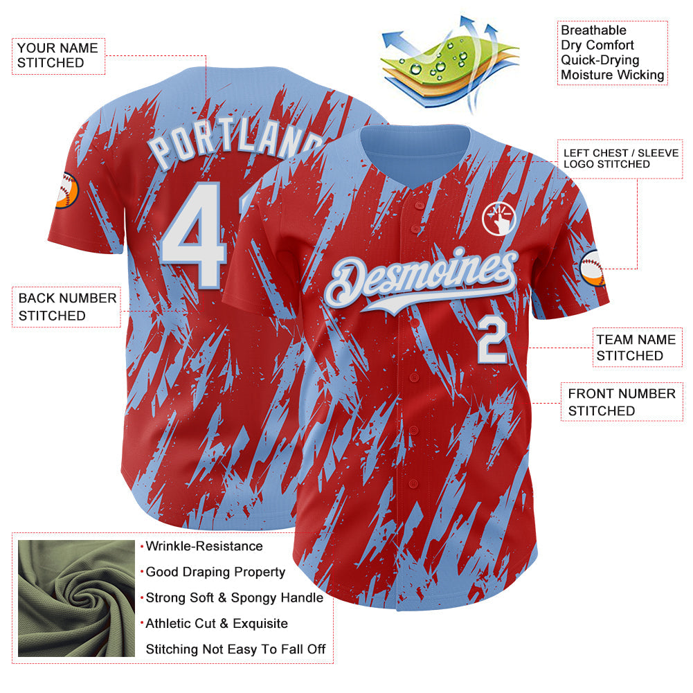 Custom Red White-Light Blue Splatter Torn Sharp Brush Stroke Authentic Baseball Jersey baseball jersey product view 3