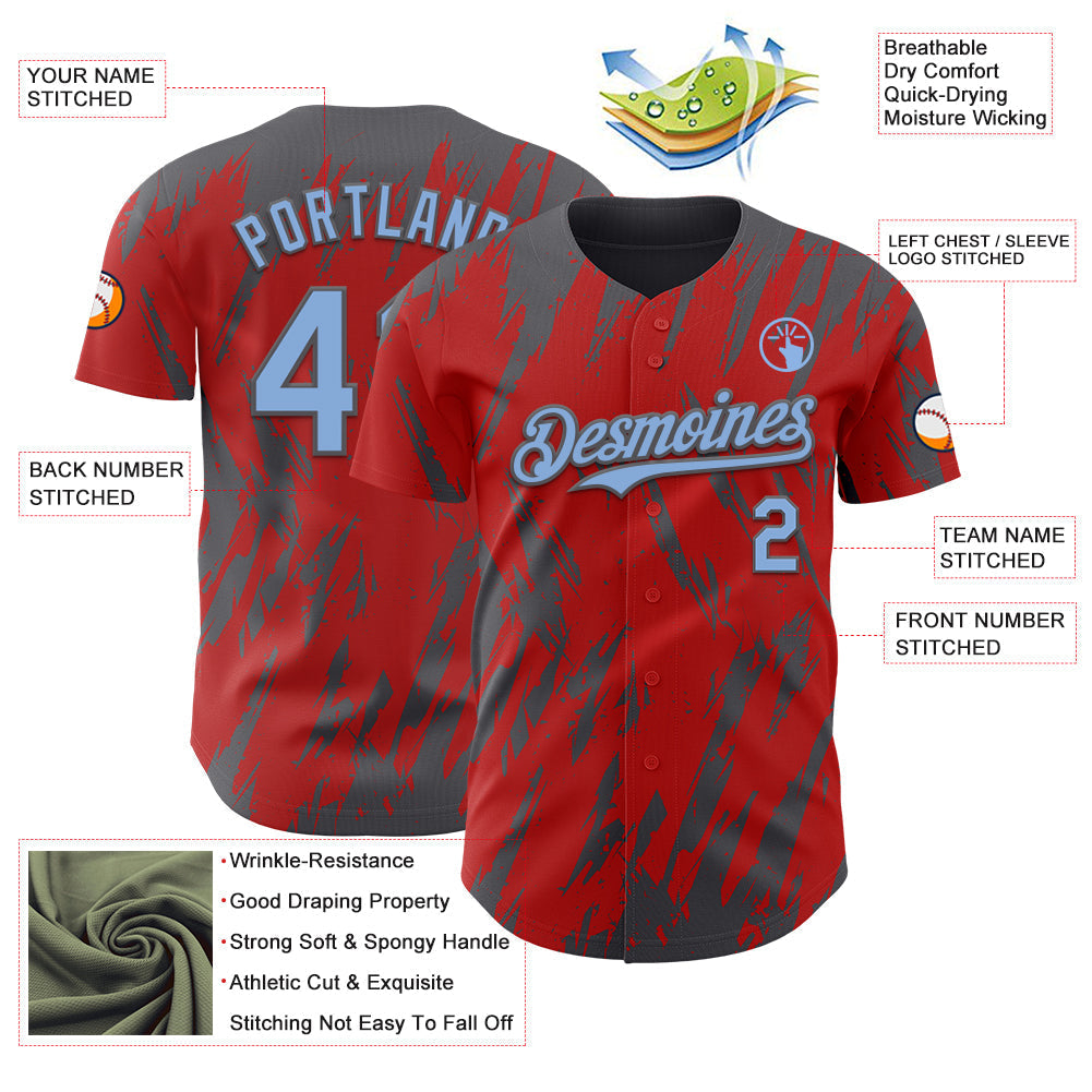 Custom Red Light Blue-Steel Gray Splatter Torn Sharp Brush Stroke Authentic Baseball Jersey baseball jersey product view 3