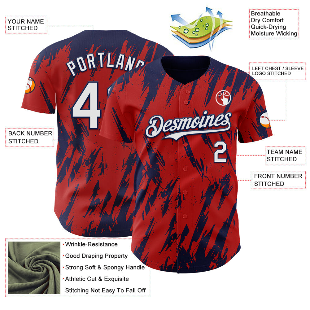 Custom Red White-Navy Splatter Torn Sharp Brush Stroke Authentic Baseball Jersey baseball jersey product view 3