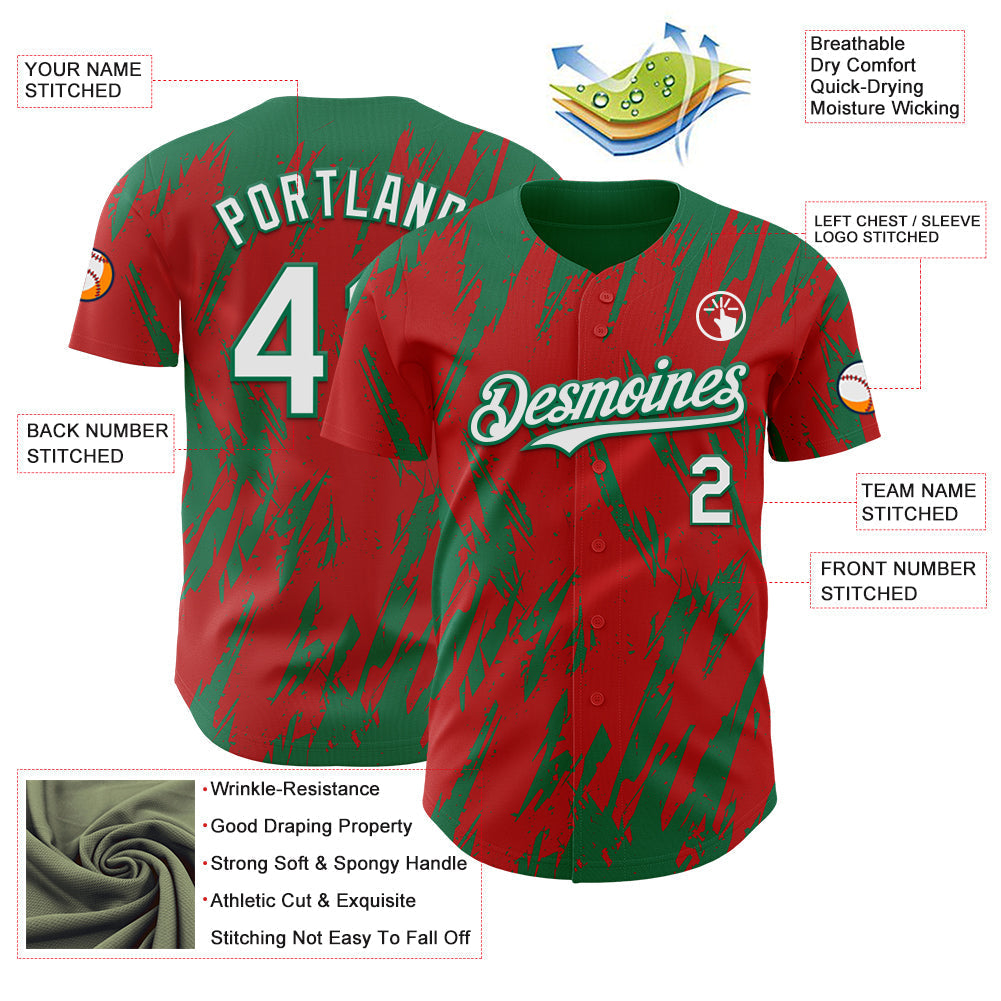 Custom Red White-Kelly Green Splatter Torn Sharp Brush Stroke Authentic Baseball Jersey baseball jersey product view 3