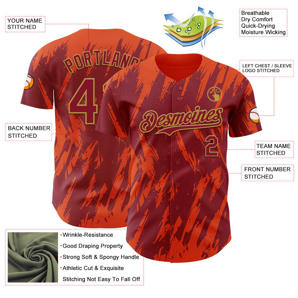 Custom Crimson Old Gold-Orange Splatter Torn Sharp Brush Stroke Authentic Baseball Jersey baseball jersey product view 3