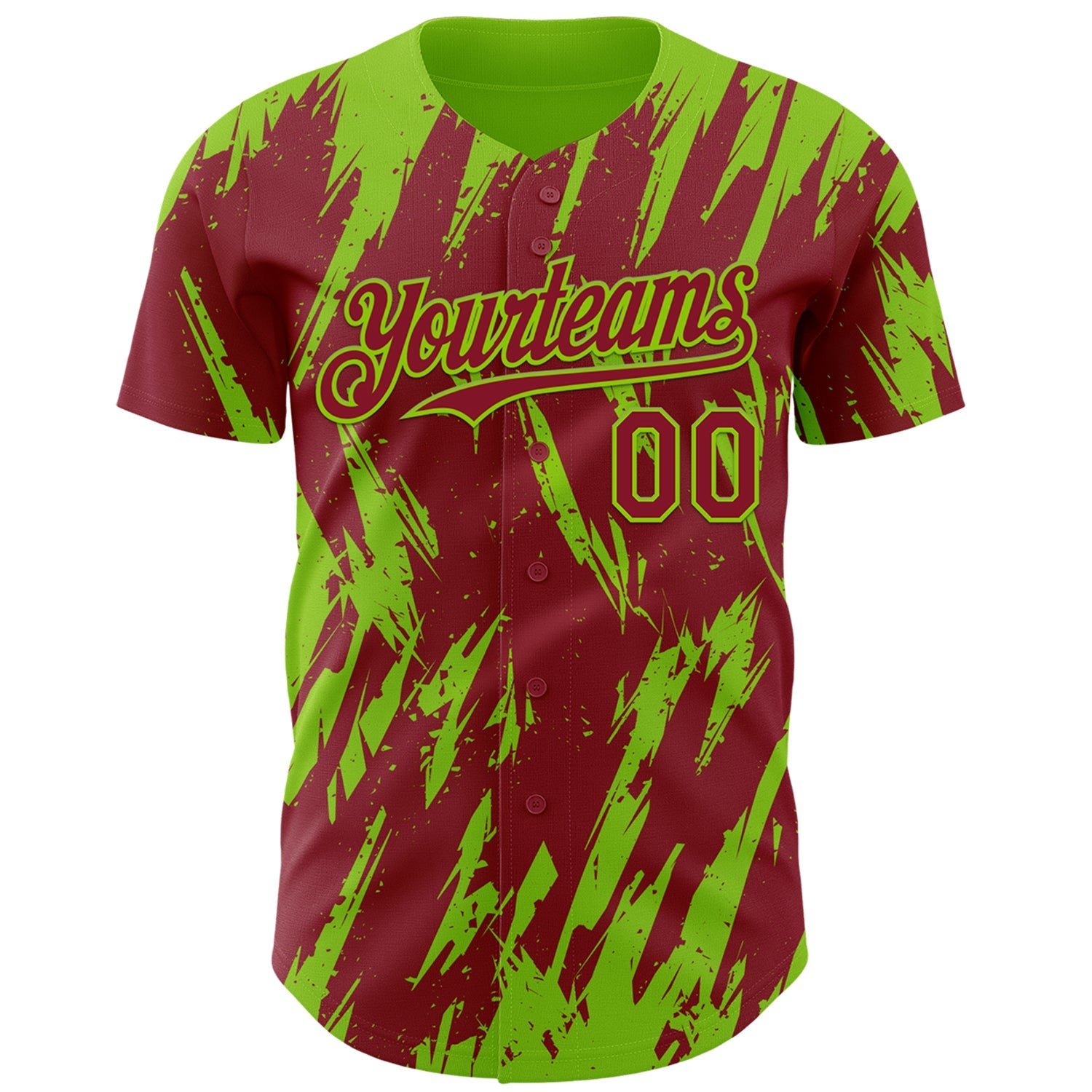 Custom Crimson Neon Green Splatter Torn Sharp Brush Stroke Authentic Baseball Jersey baseball jersey product view 2