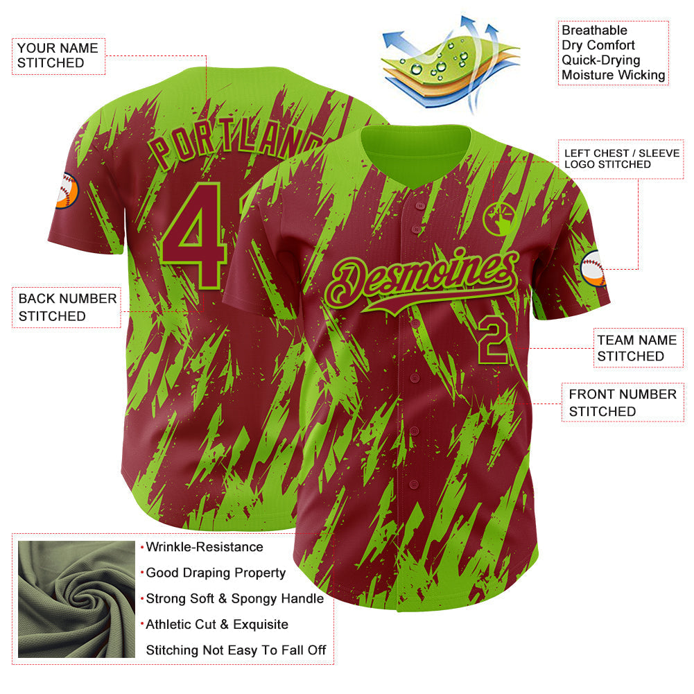 Custom Crimson Neon Green Splatter Torn Sharp Brush Stroke Authentic Baseball Jersey baseball jersey product view 3