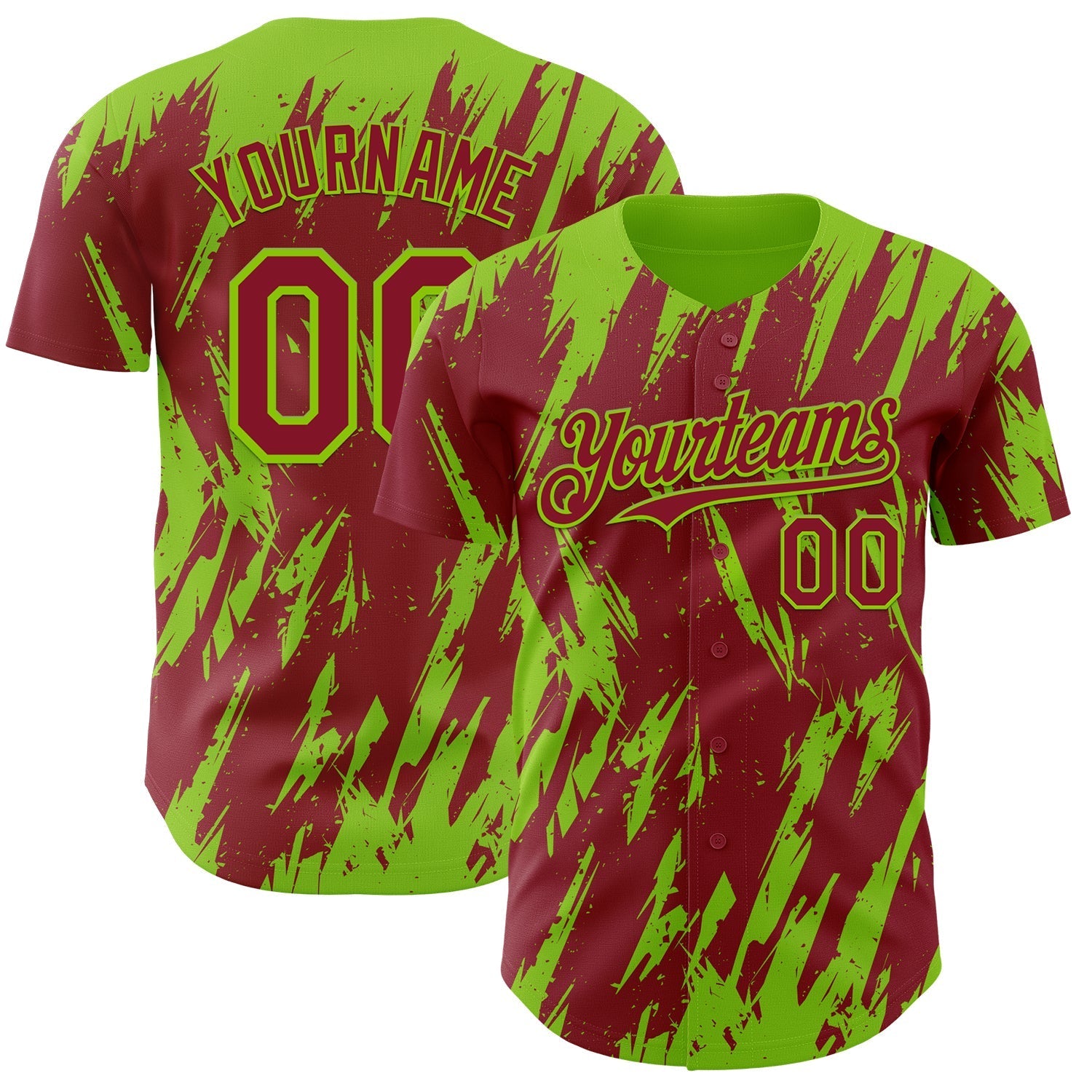 Custom Crimson Neon Green Splatter Torn Sharp Brush Stroke Authentic Baseball Jersey baseball jersey product view 1