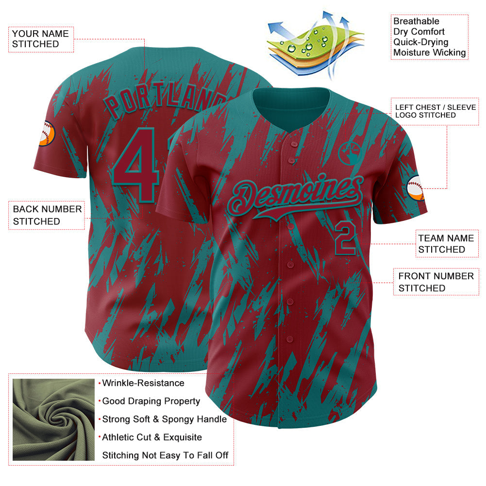 Custom Crimson Teal Splatter Torn Sharp Brush Stroke Authentic Baseball Jersey baseball jersey product view 3