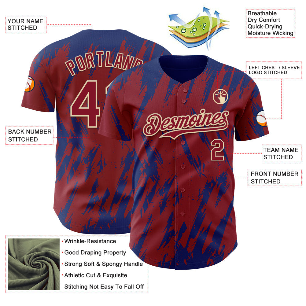 Custom Crimson Cream-Royal Splatter Torn Sharp Brush Stroke Authentic Baseball Jersey baseball jersey product view 3