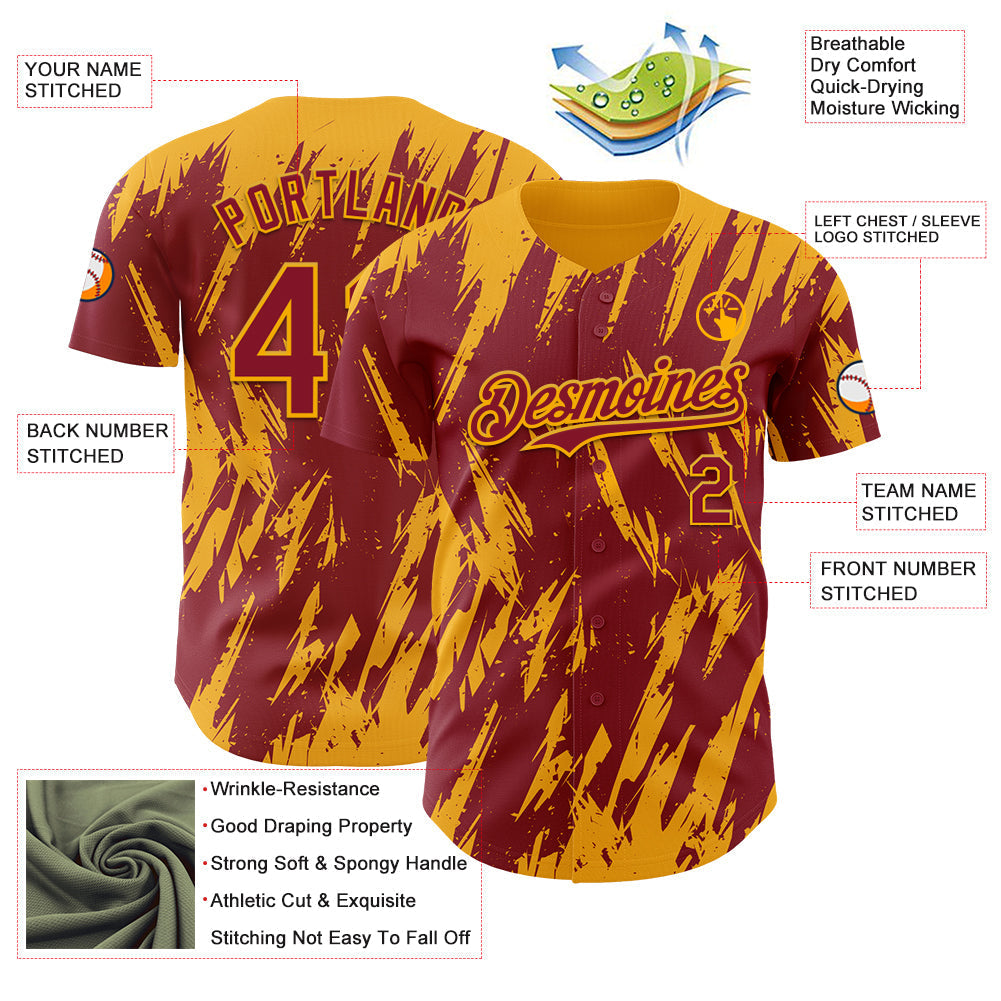 Custom Crimson Gold Splatter Torn Sharp Brush Stroke Authentic Baseball Jersey baseball jersey product view 3