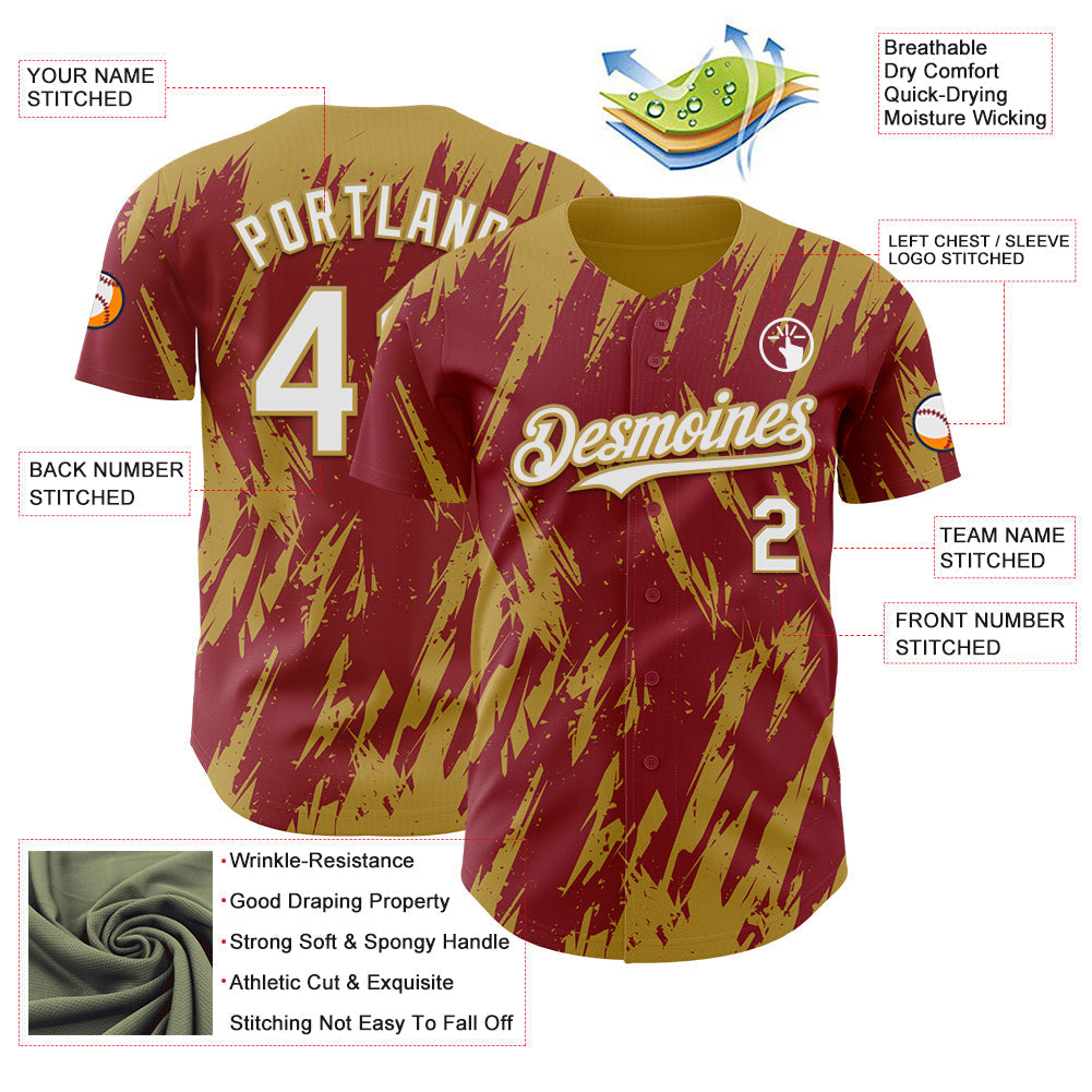 Custom Crimson White-Old Gold Splatter Torn Sharp Brush Stroke Authentic Baseball Jersey baseball jersey product view 3